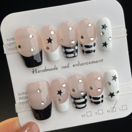 Handmade Press On Nails Medium Coffin French black and white star-HaoS