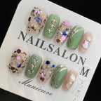 Handmade Press On Nails Medium Coffin Green glitter-YiH