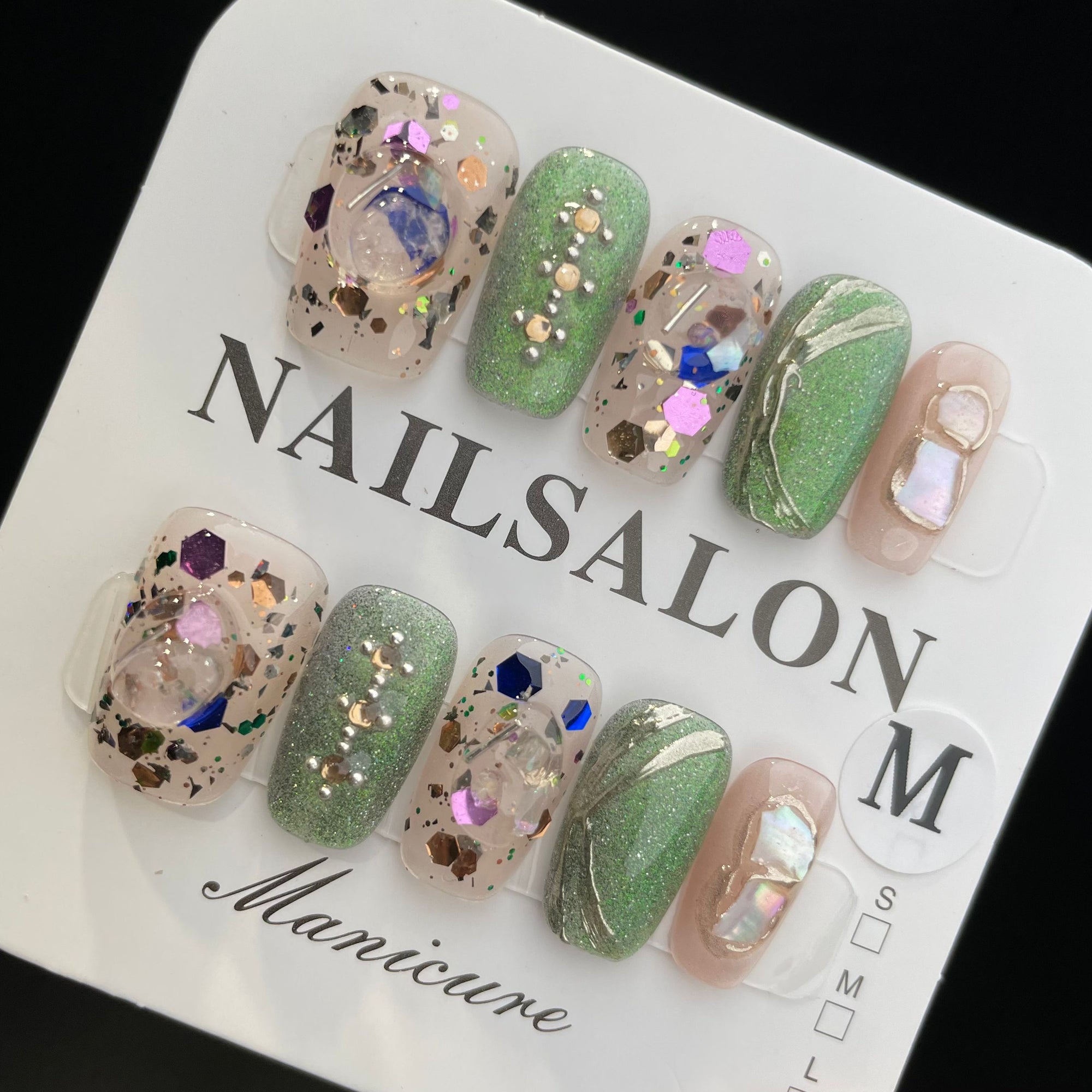 Handmade Press On Nails Medium Coffin Green glitter-YiH