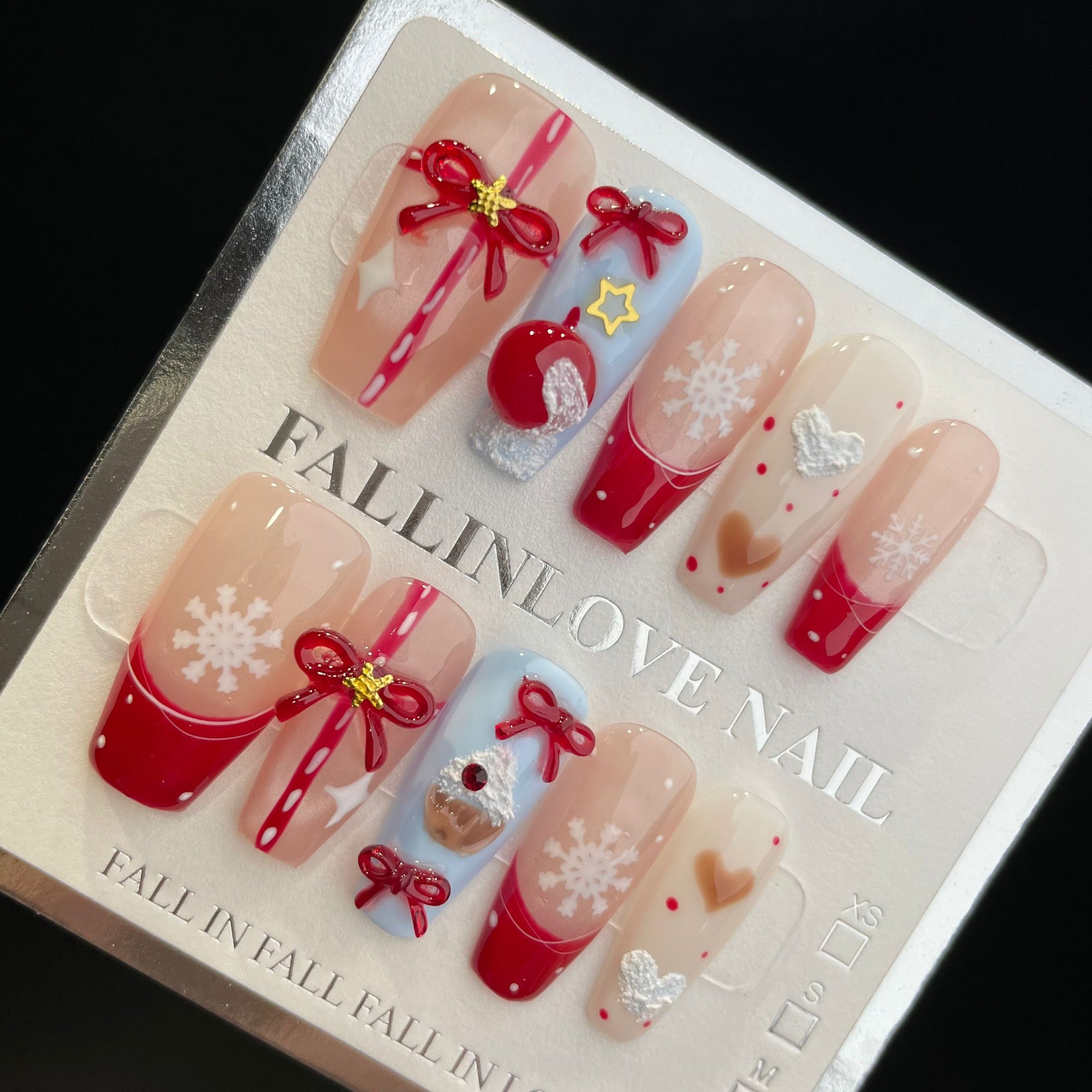 Handmade Press On Nails Long Coffin Pink and blue Apple gift box-YiH