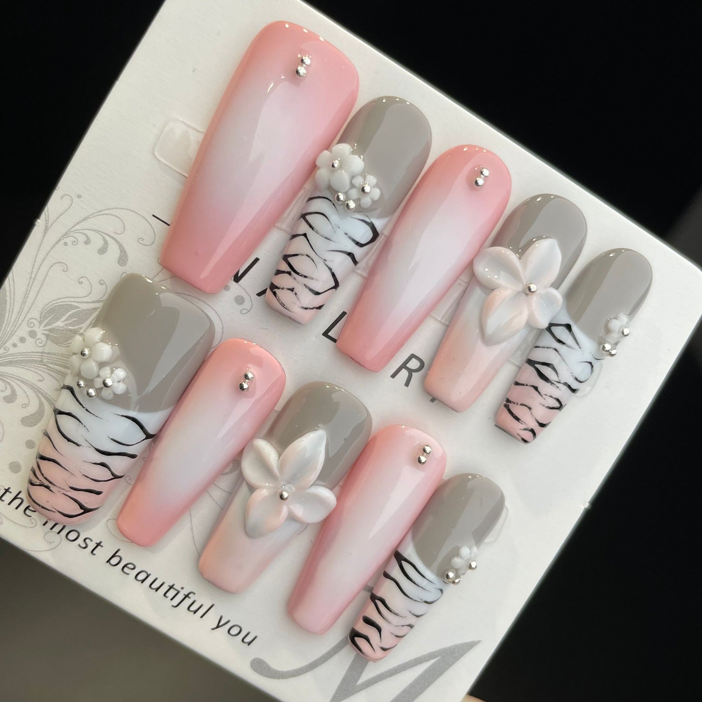 Handmade Press On Nails Long Coffin Pink and grey flowers-DaiRS