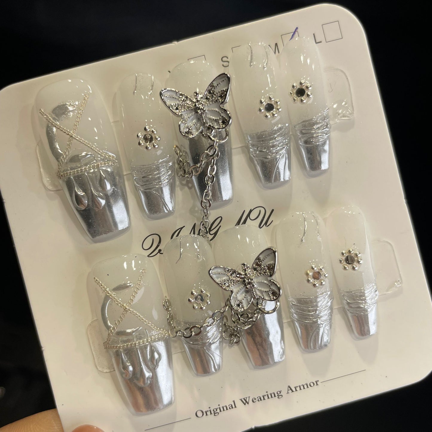 Handmade Press On Nails Long Coffin Silver French butterfly-QingM