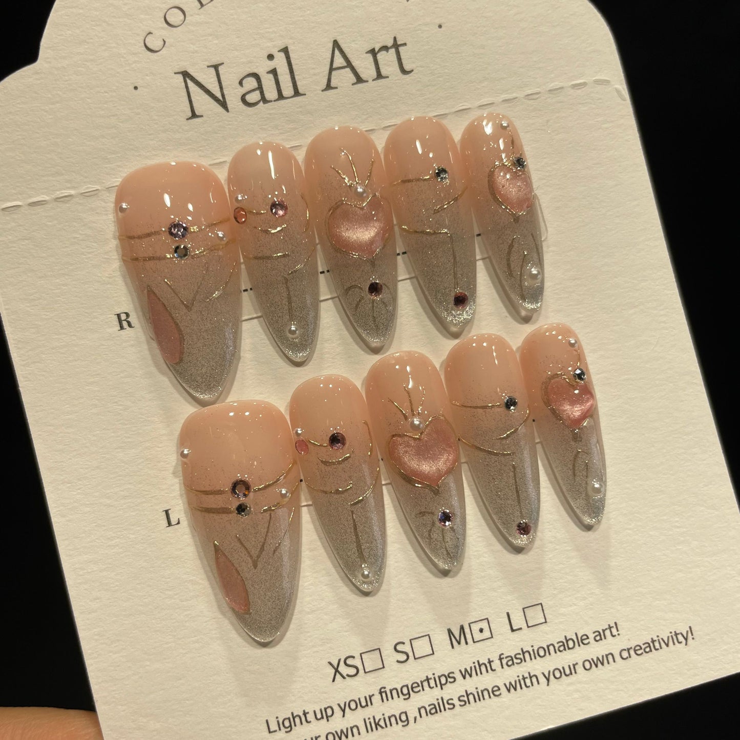 Handmade Press On Nails Long Almond Silver pink