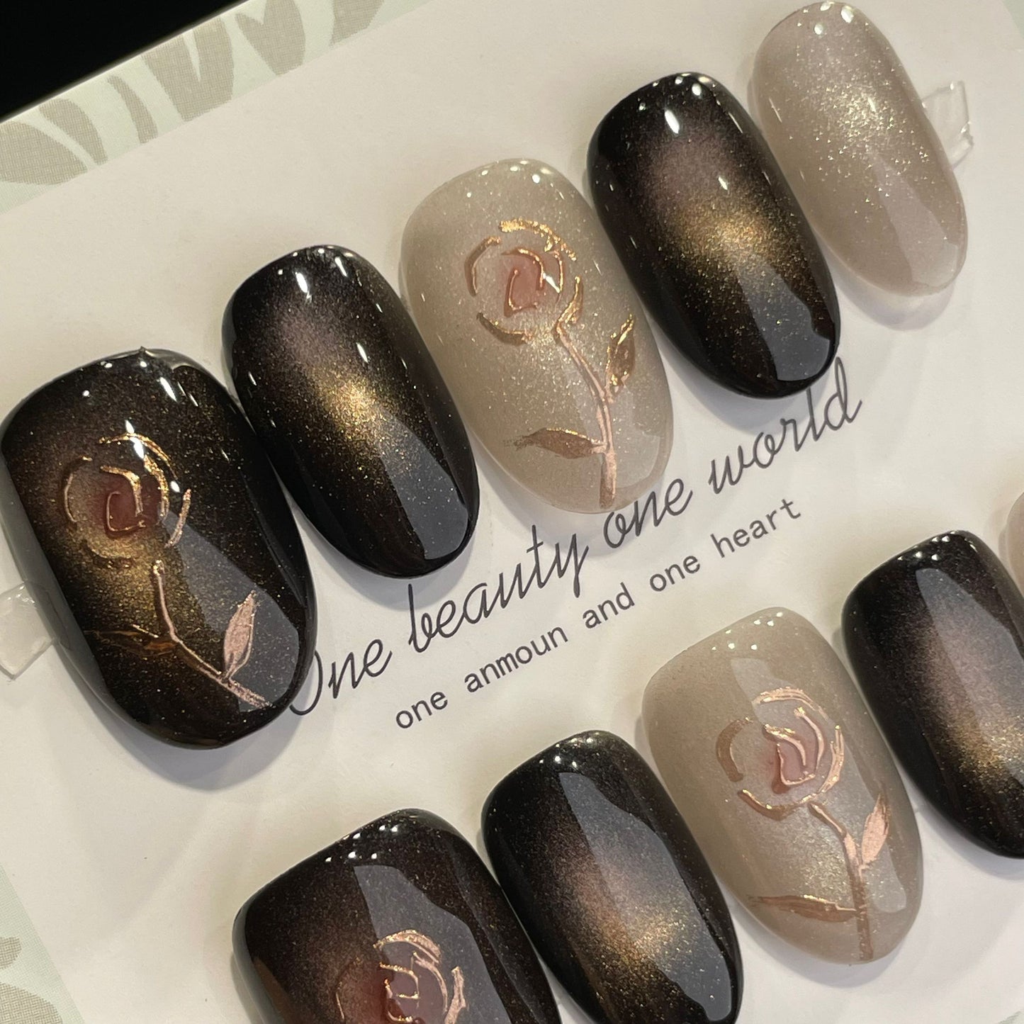 Handmade Press On Nails Short Oval Black gold rose