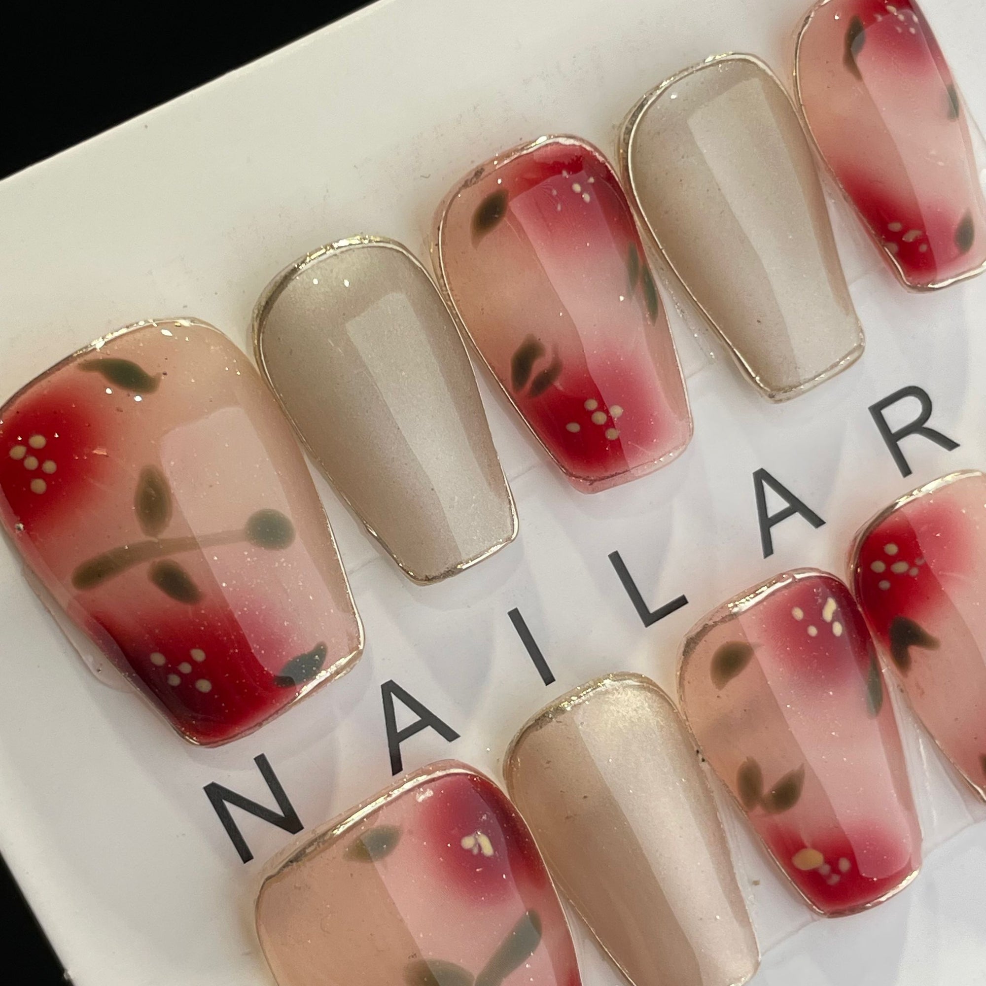 Handmade Press On Nails Medium Coffin Cat's eye red flower-YiH