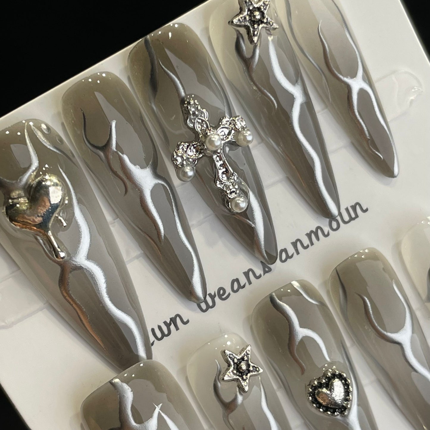 Handmade Press On Nails Extra-Long Stiletto Silver metal cross-XiXX