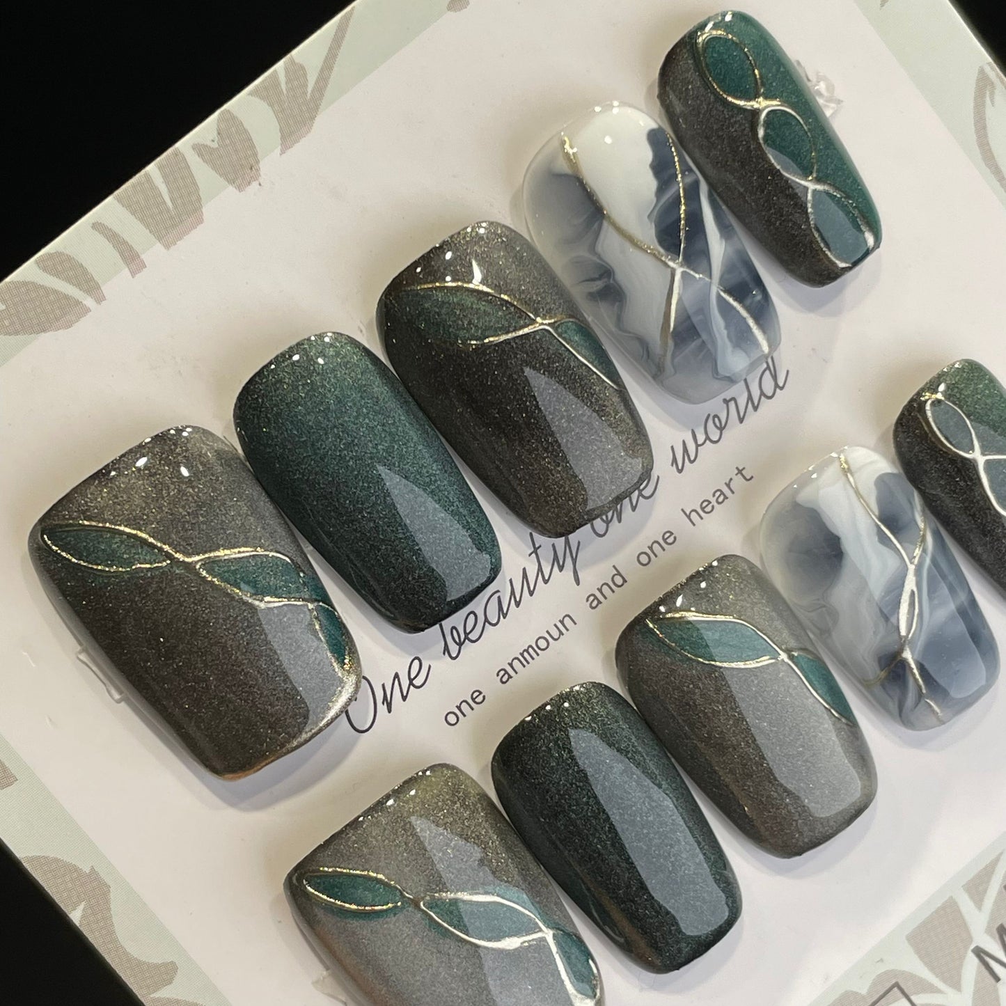 Handmade Press On Nails Medium Coffin Green streamer