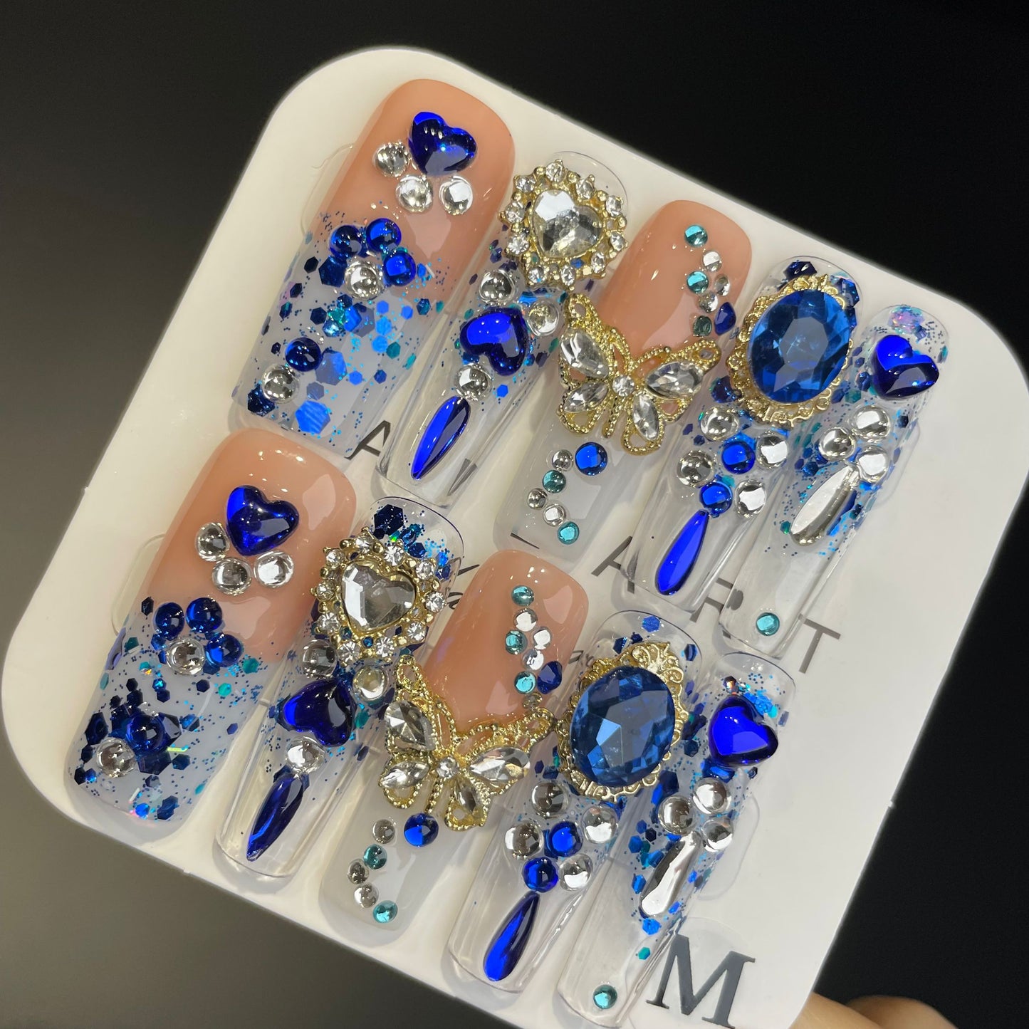 Handmade Press On Nails Long Coffin Blue treasure butterfly