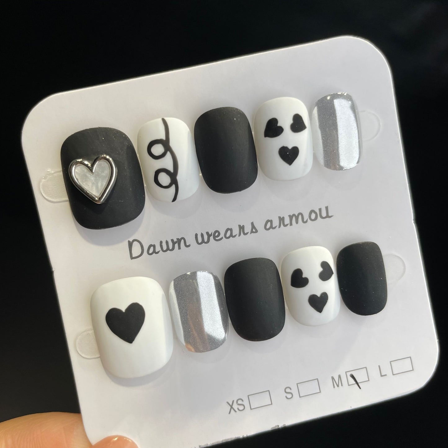 Handmade Press On Nails Short Square Black and white love-XiXX