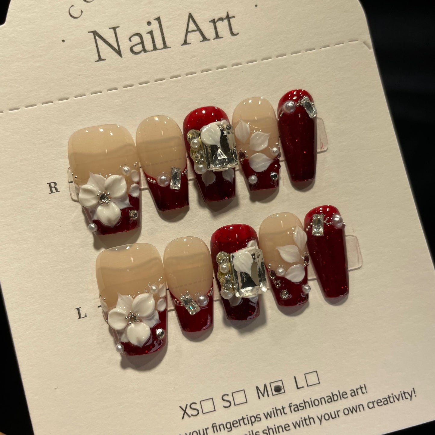 Handmade Press On Nails Medium Coffin Shimmering flower