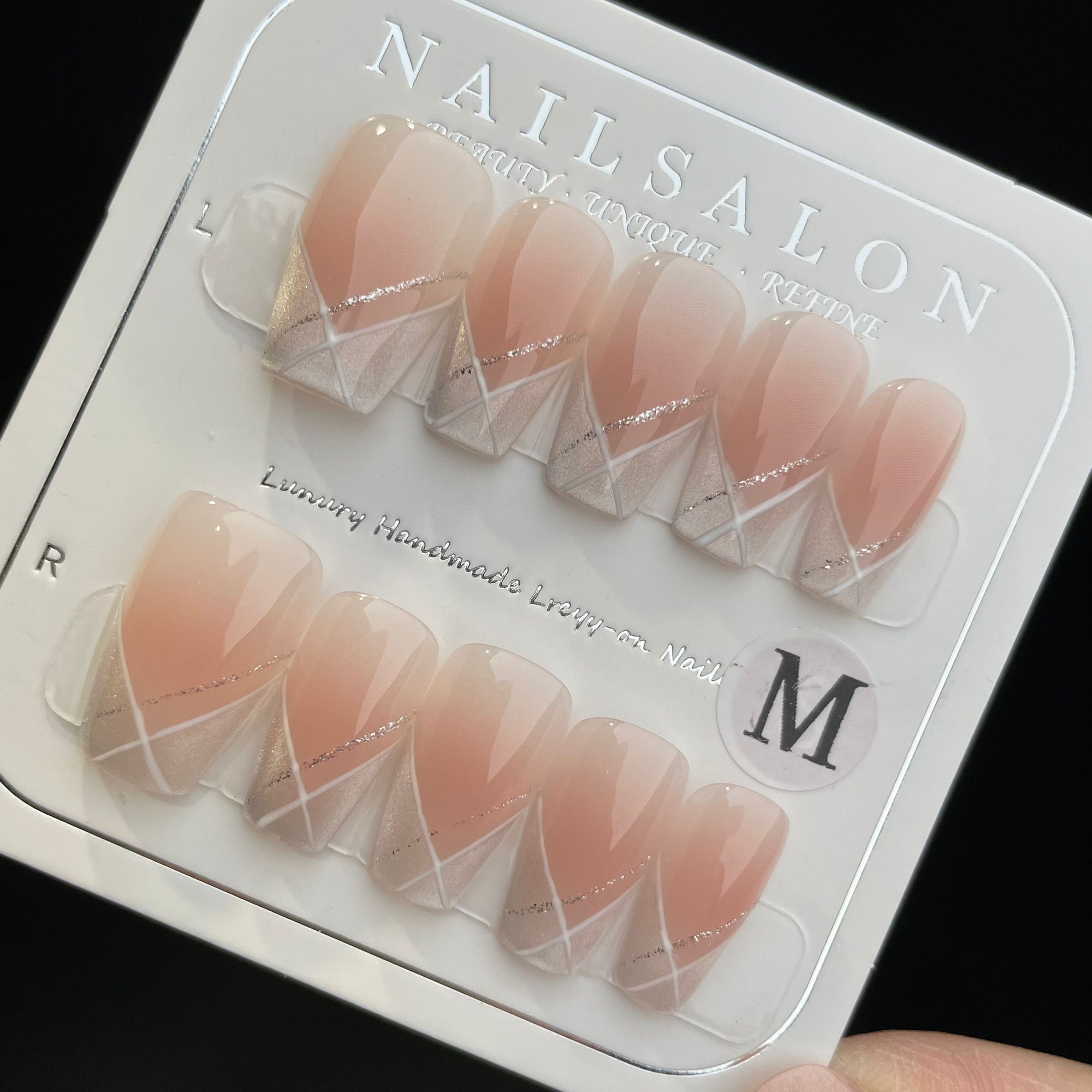 Handmade Press On Nails Medium Coffin Line cat-eye French-YiH