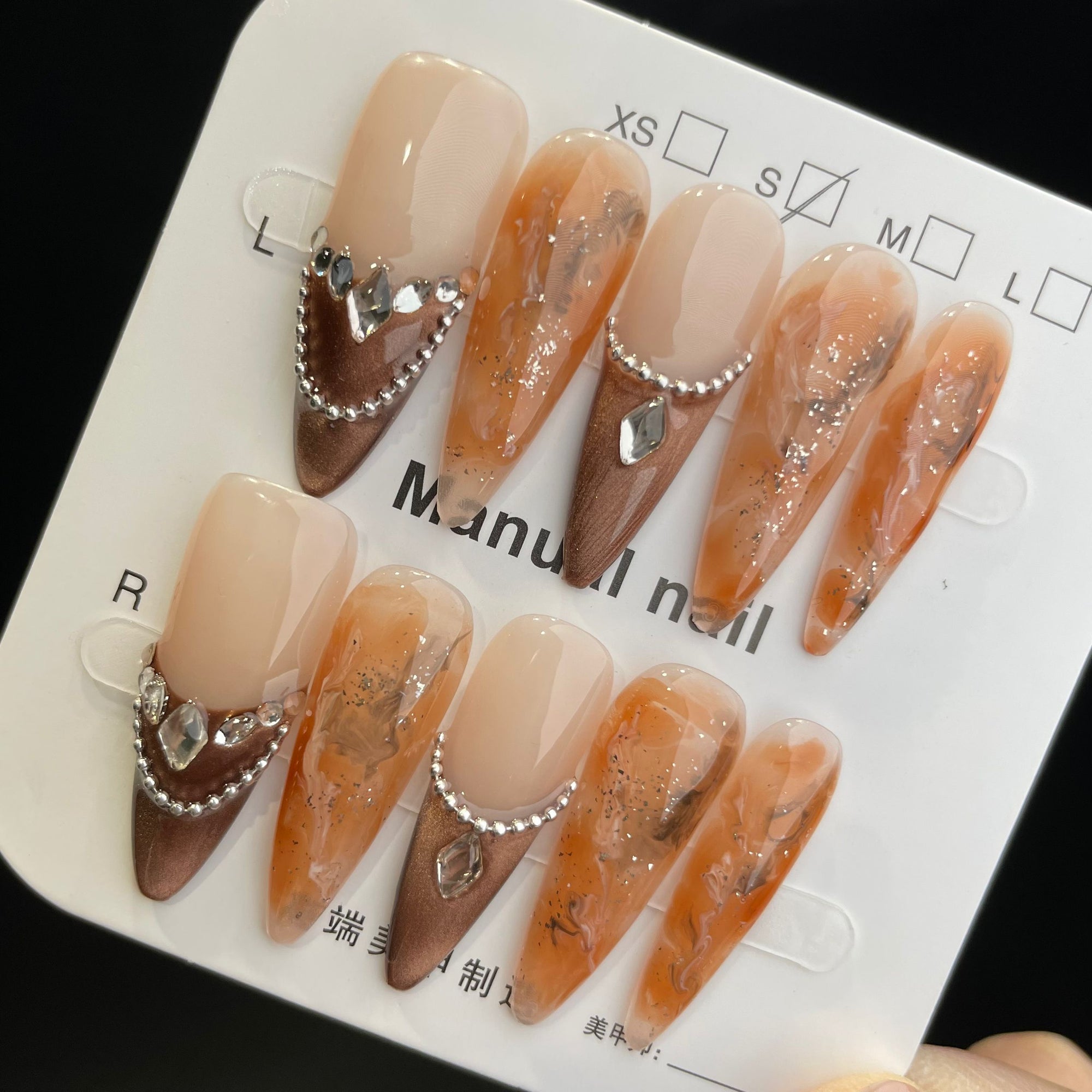 Handmade Press On Nails Long Stiletto Brown cat eye with orange-YiH
