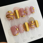 Handmade Press On Nails Short Coffin Pink golden snake-YiH