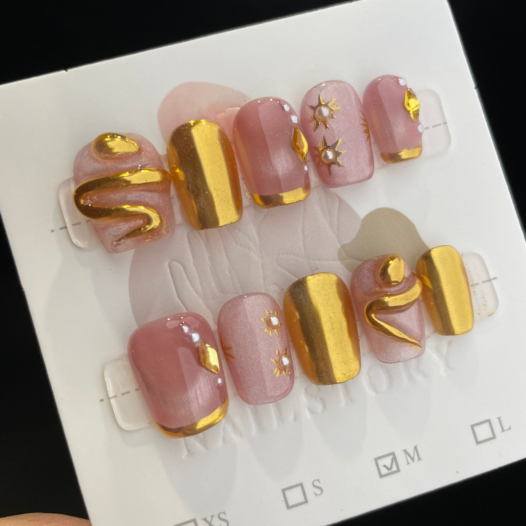Handmade Press On Nails Short Coffin Pink golden snake-YiH