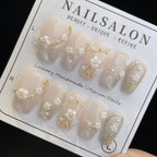 Handmade Press On Nails Medium Coffin Silver flower-YiH