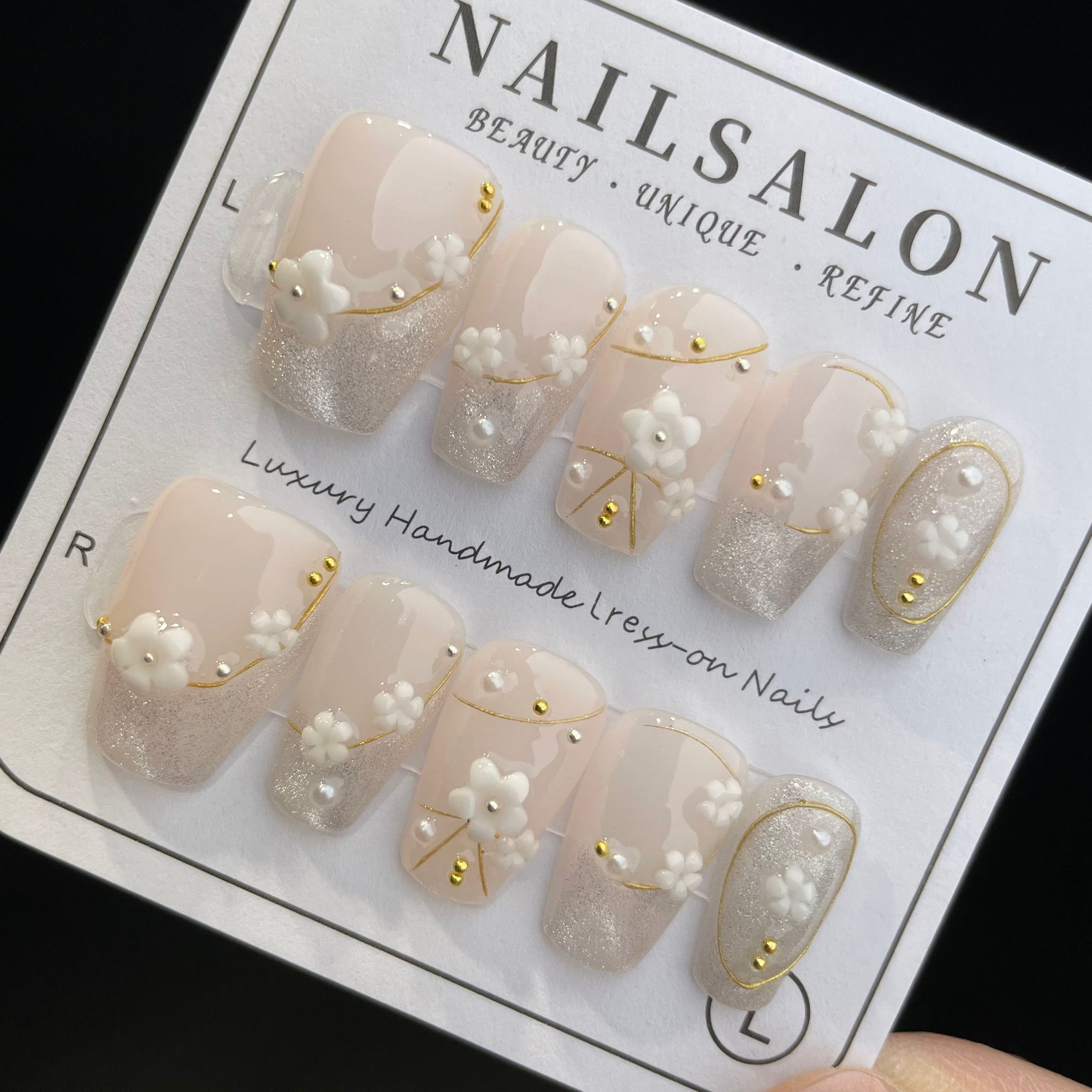 Handmade Press On Nails Medium Coffin Silver flower-YiH