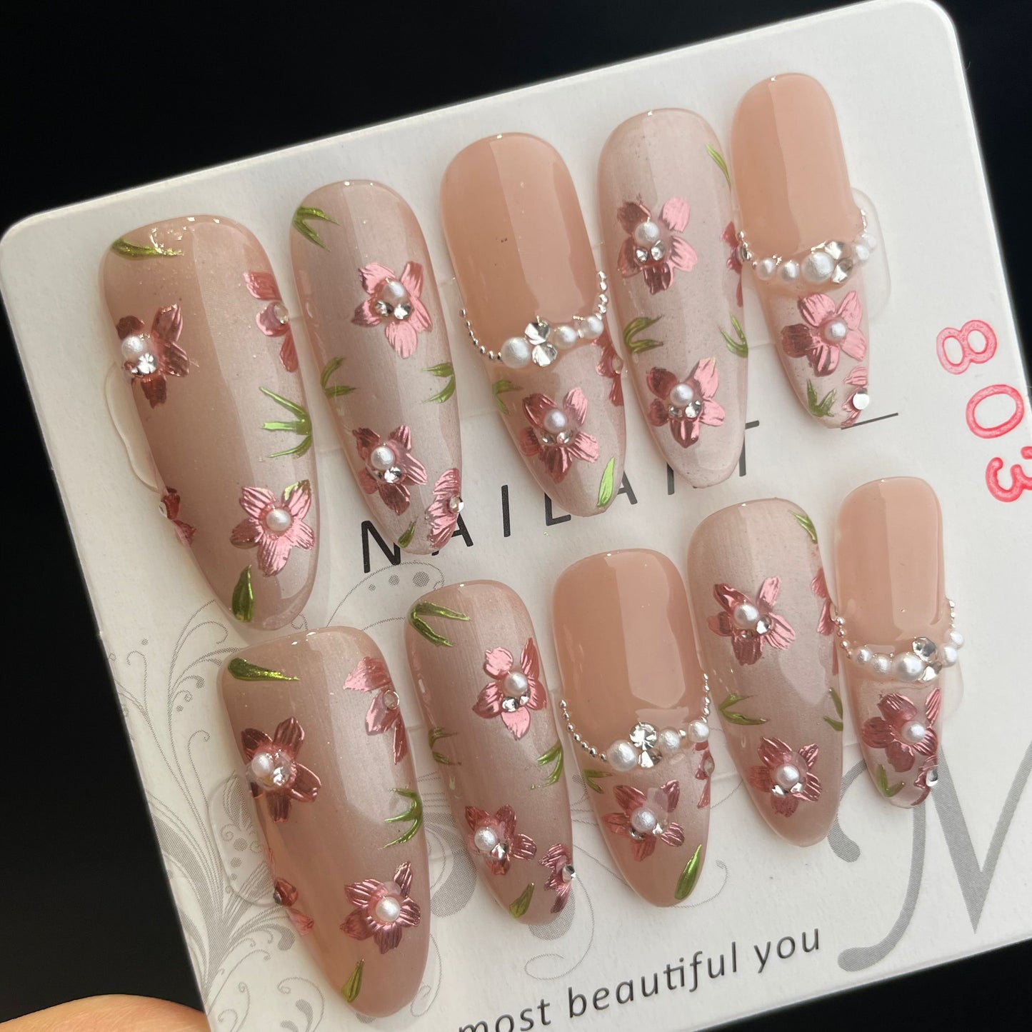 Handmade Press On Nails Long Oval Blossoms-DaiRS