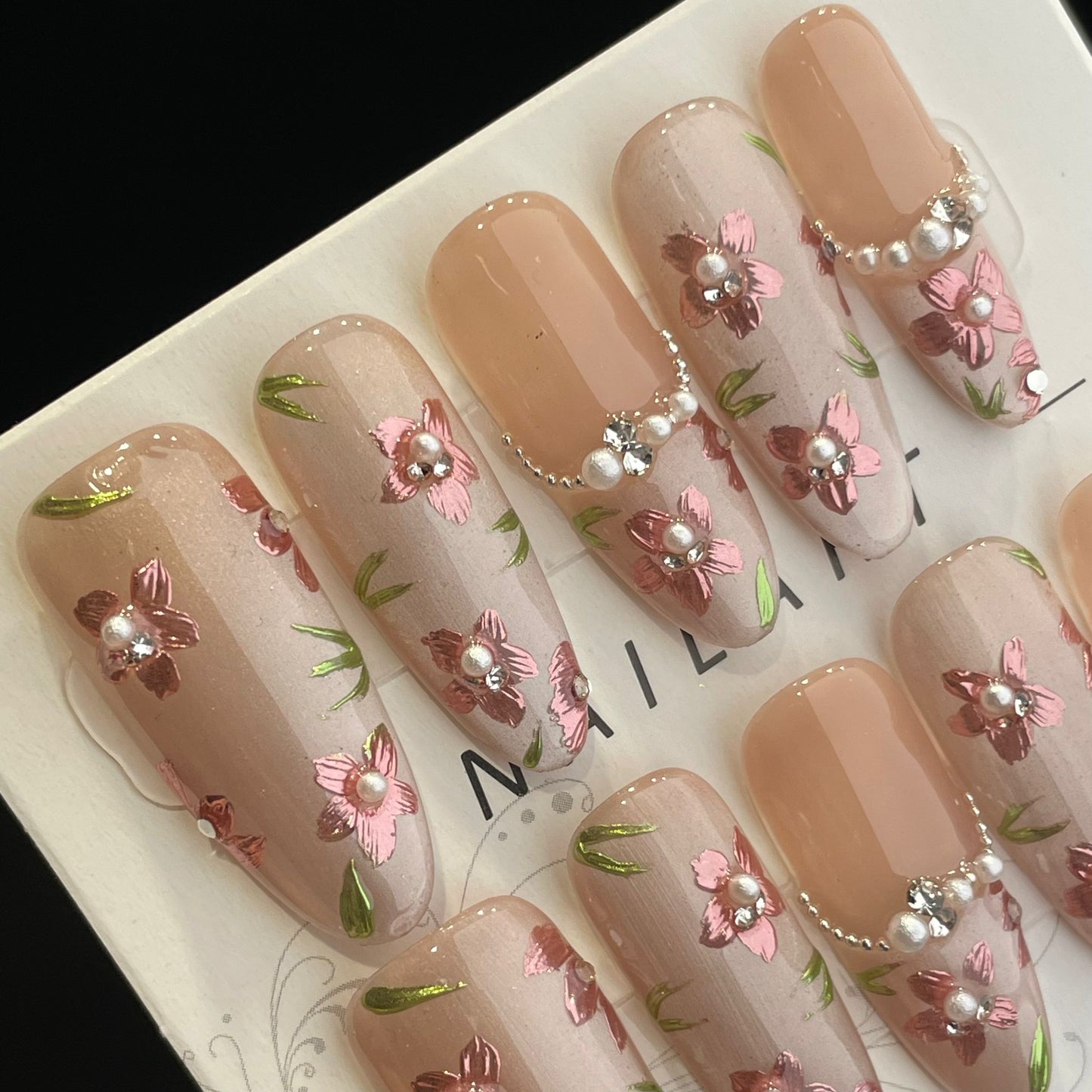 Handmade Press On Nails Long Oval Blossoms-DaiRS