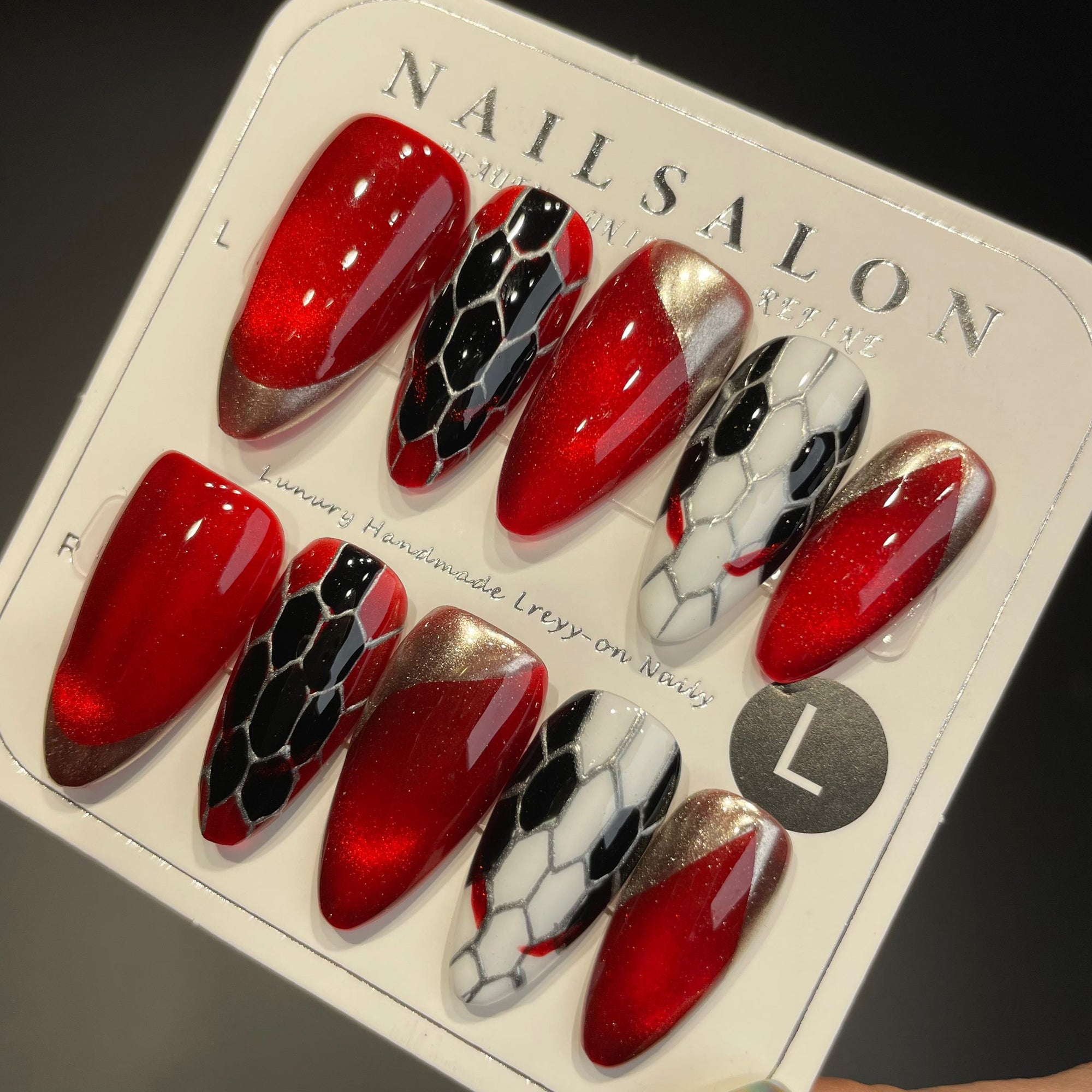 Handmade Press On Nails Medium Stiletto Red gold Medusa