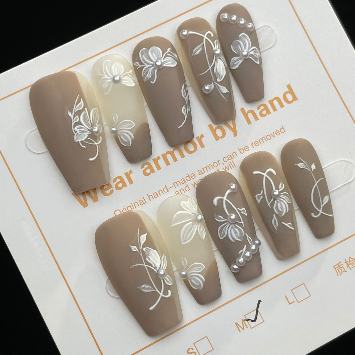 Handmade Press On Nails Long Coffin Hand-painted flowers