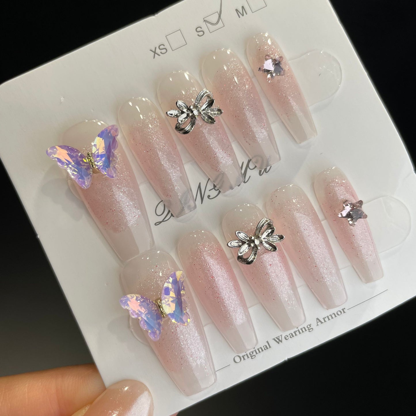 Handmade Press On Nails Long Coffin Three-dimensional butterfly