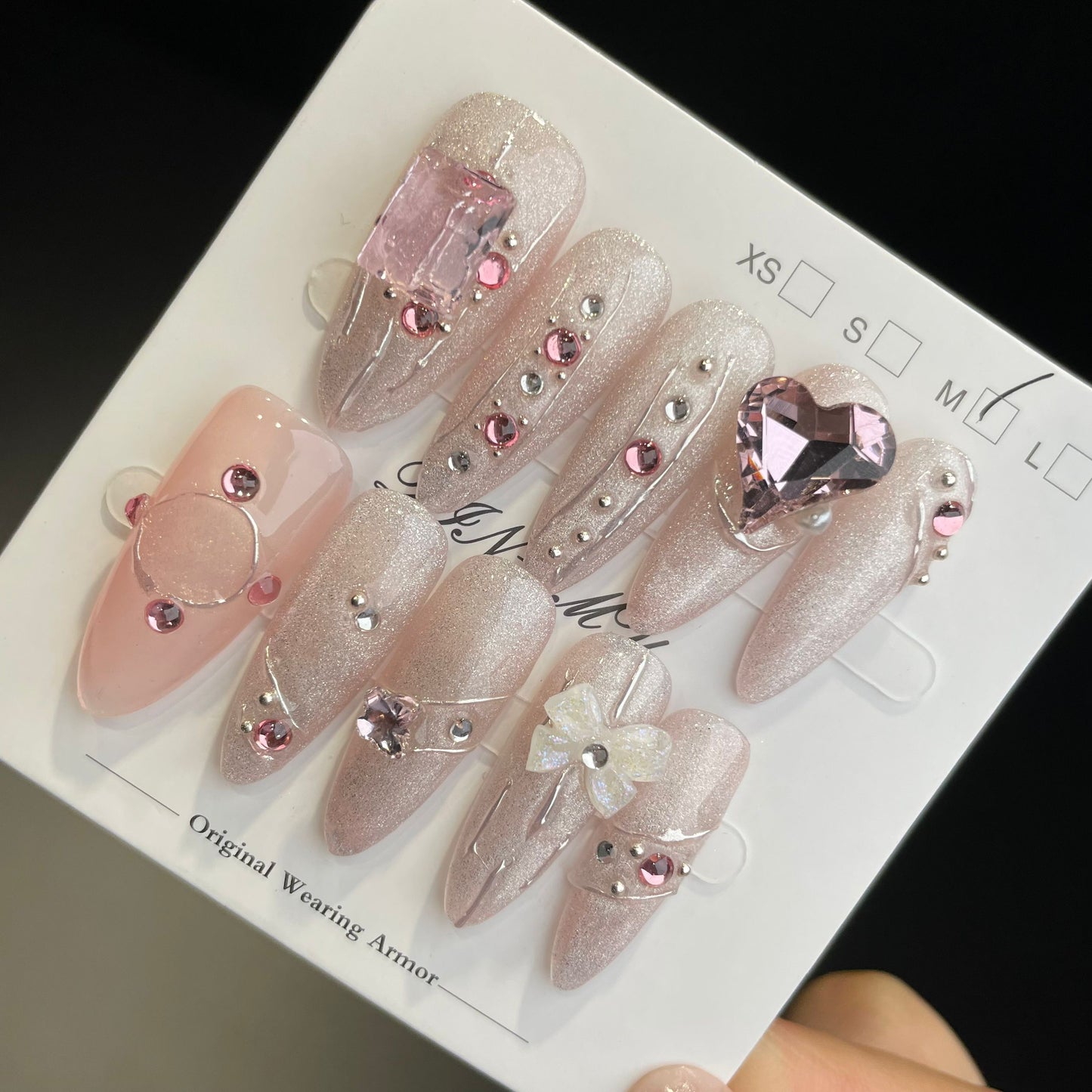 Handmade Press On Nails Long Almond Pink stone