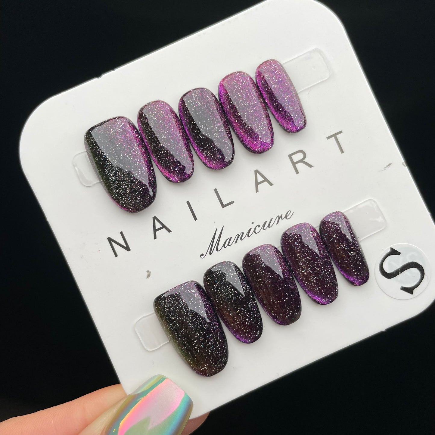 Handmade Press On Nails Short Oval Black purple