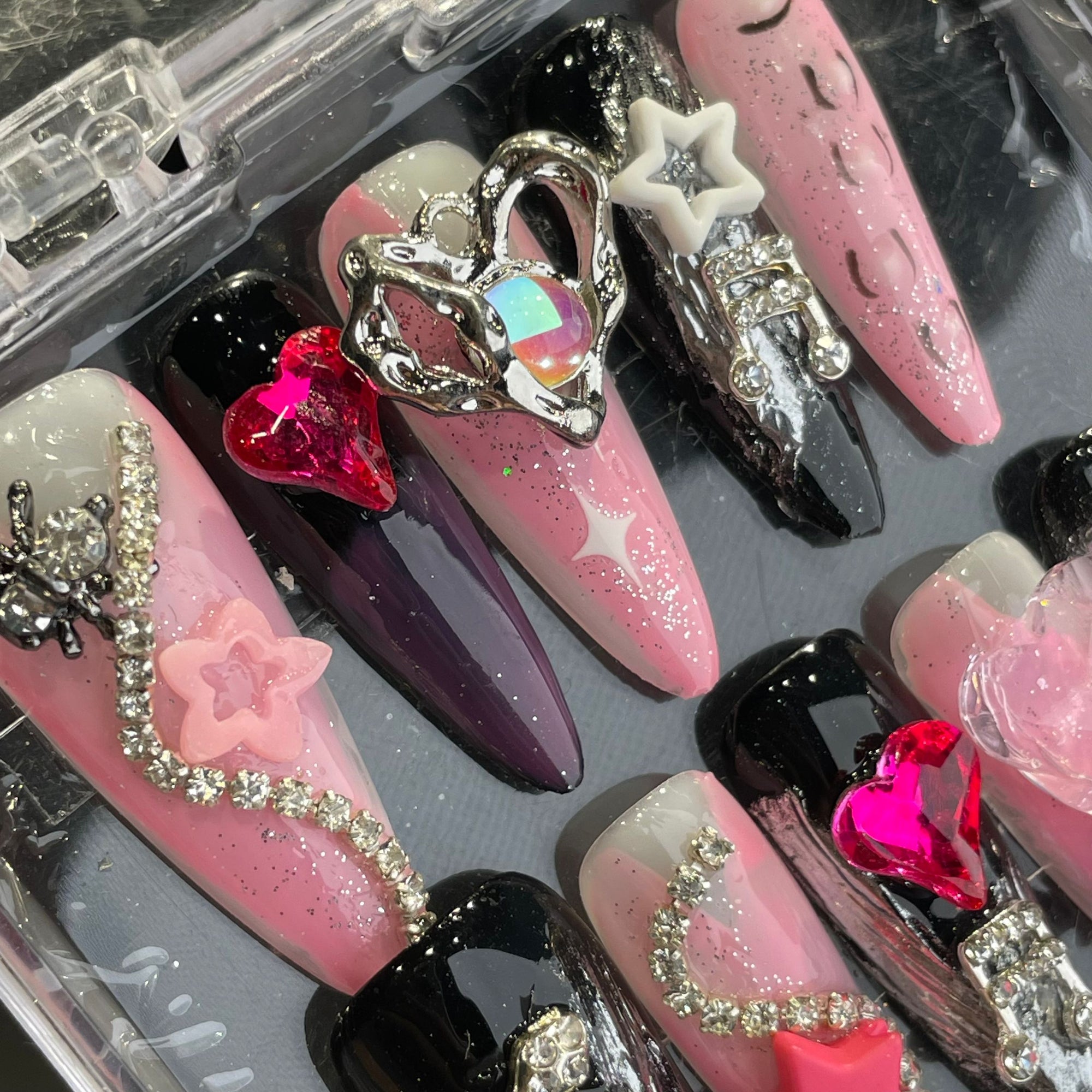 Handmade Press On Nails Long Stiletto Love star snake
