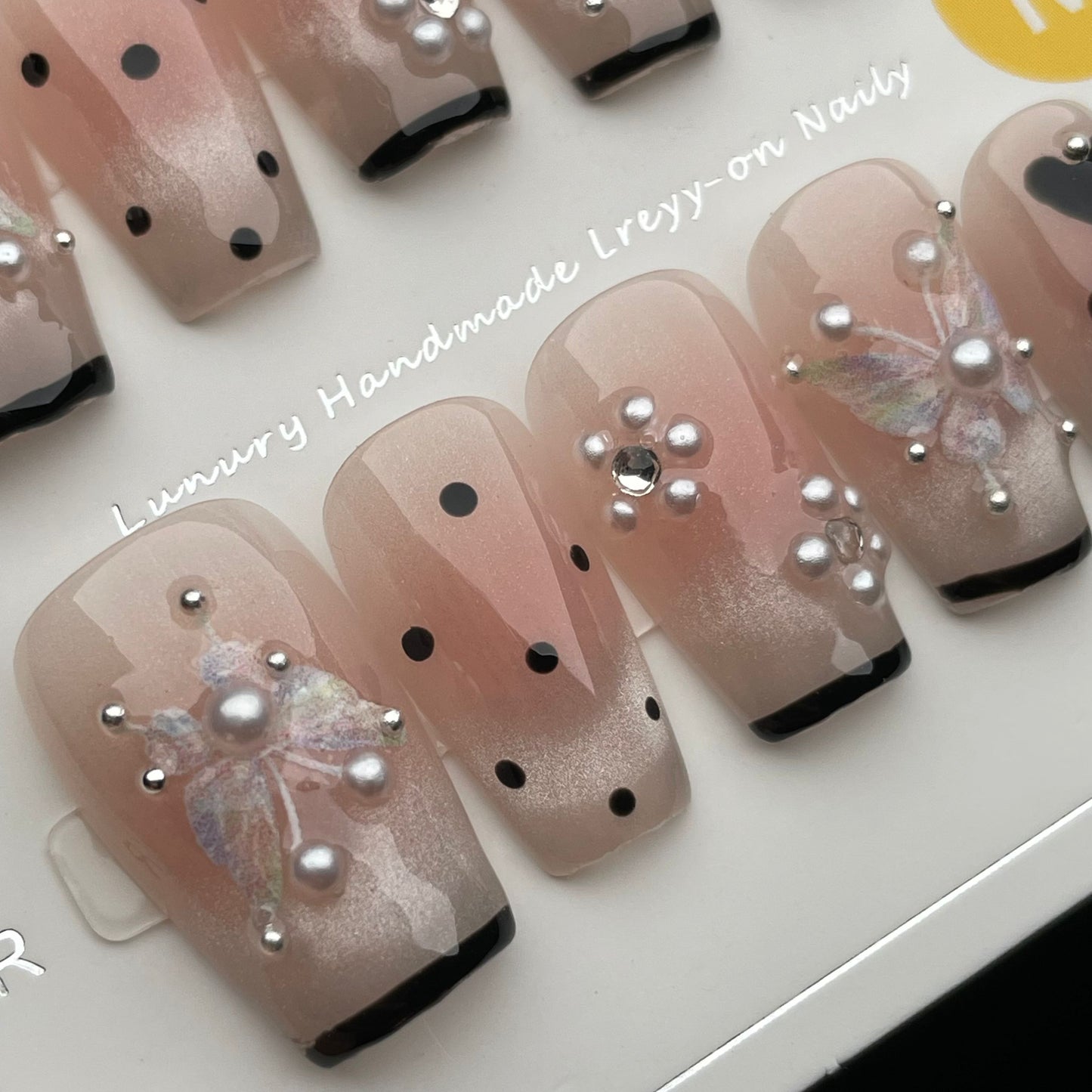 Handmade Press On Nails Medium Coffin Butterfly dot