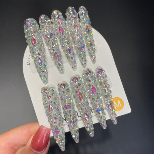 Handmade Press On Nails Extra-Long Stiletto Full of diamond stars