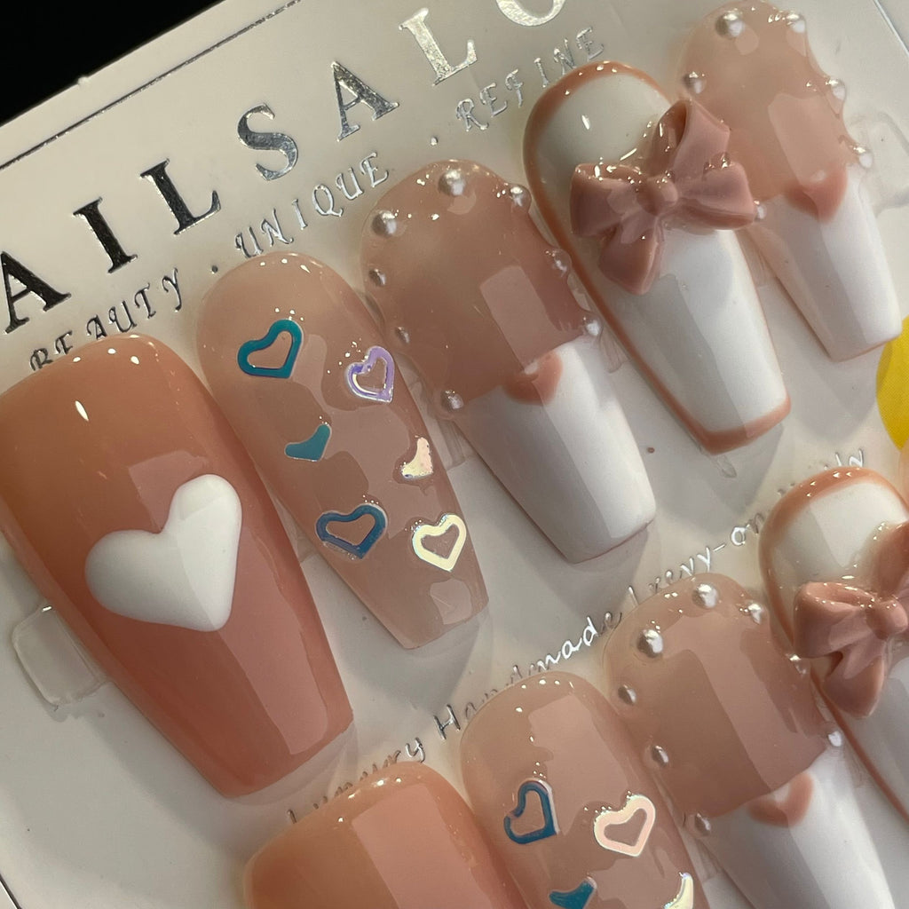 Handmade Press On Nails Long Coffin Hearts and bows-YiH