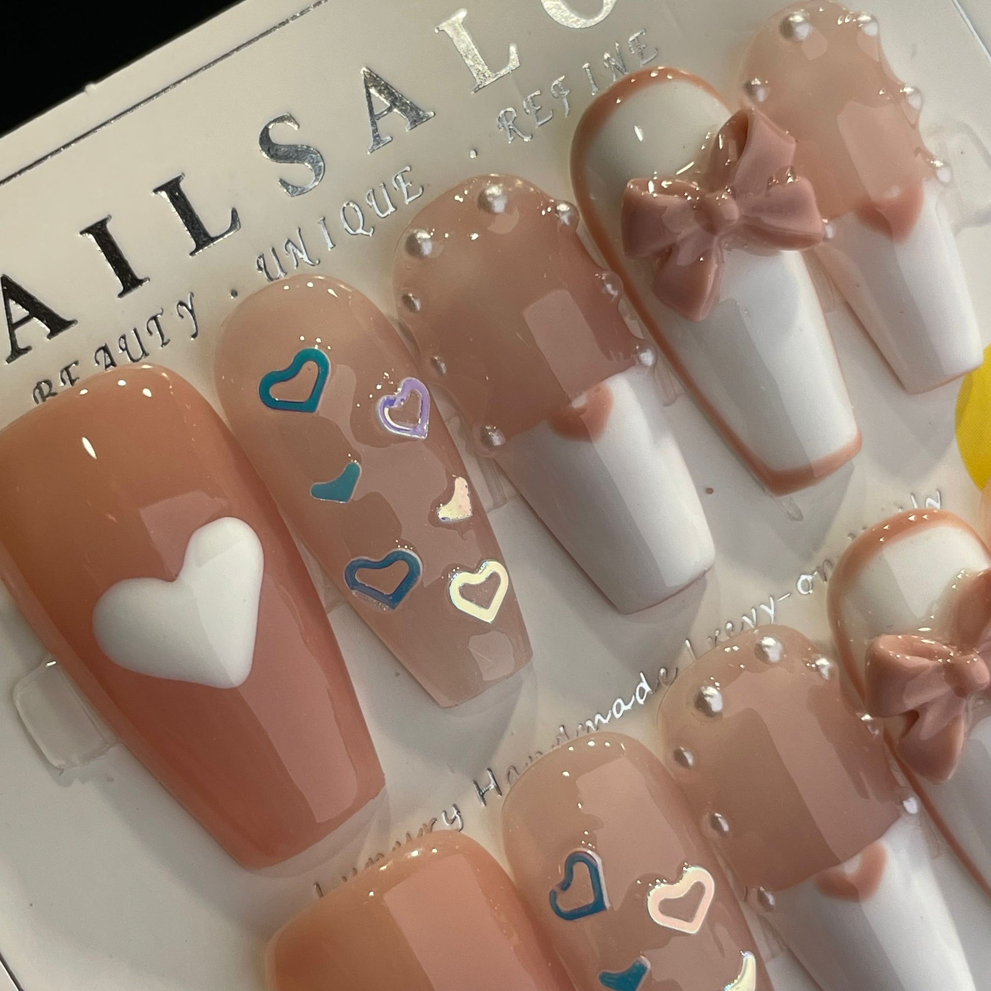 Handmade Press On Nails Long Coffin Hearts and bows-YiH