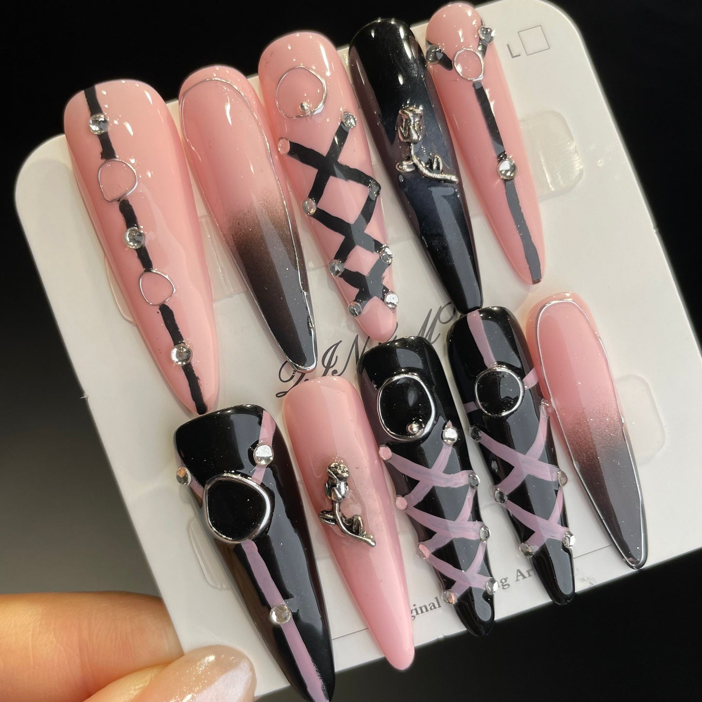 Handmade Press On Nails Extra-Long Stiletto Black powder rope