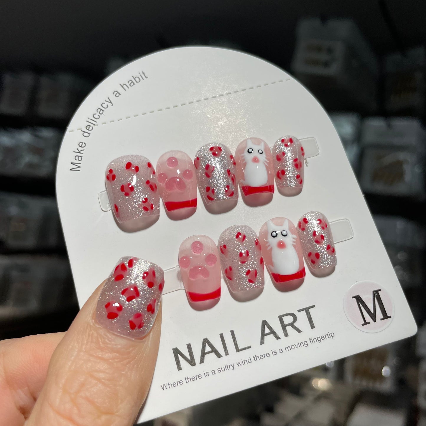 Handmade Press On Nails Short Square Silver pink Cat