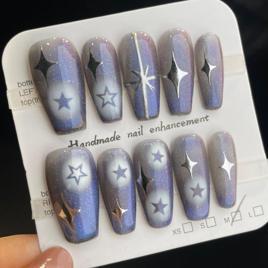 Handmade Press On Nails Long Coffin Blue-purple star-HaoS