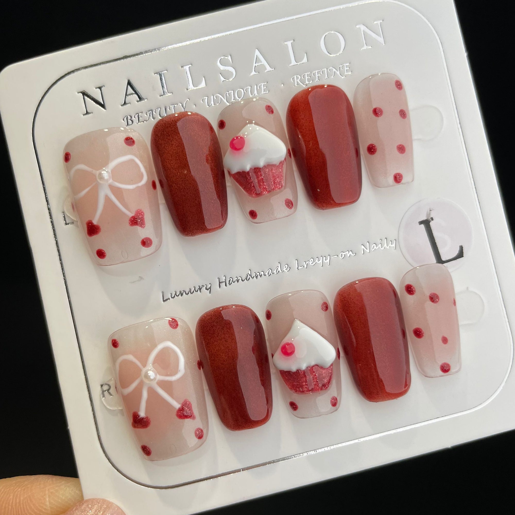 Handmade Press On Nails Medium Coffin Cat's eye strawberry cake-YiH