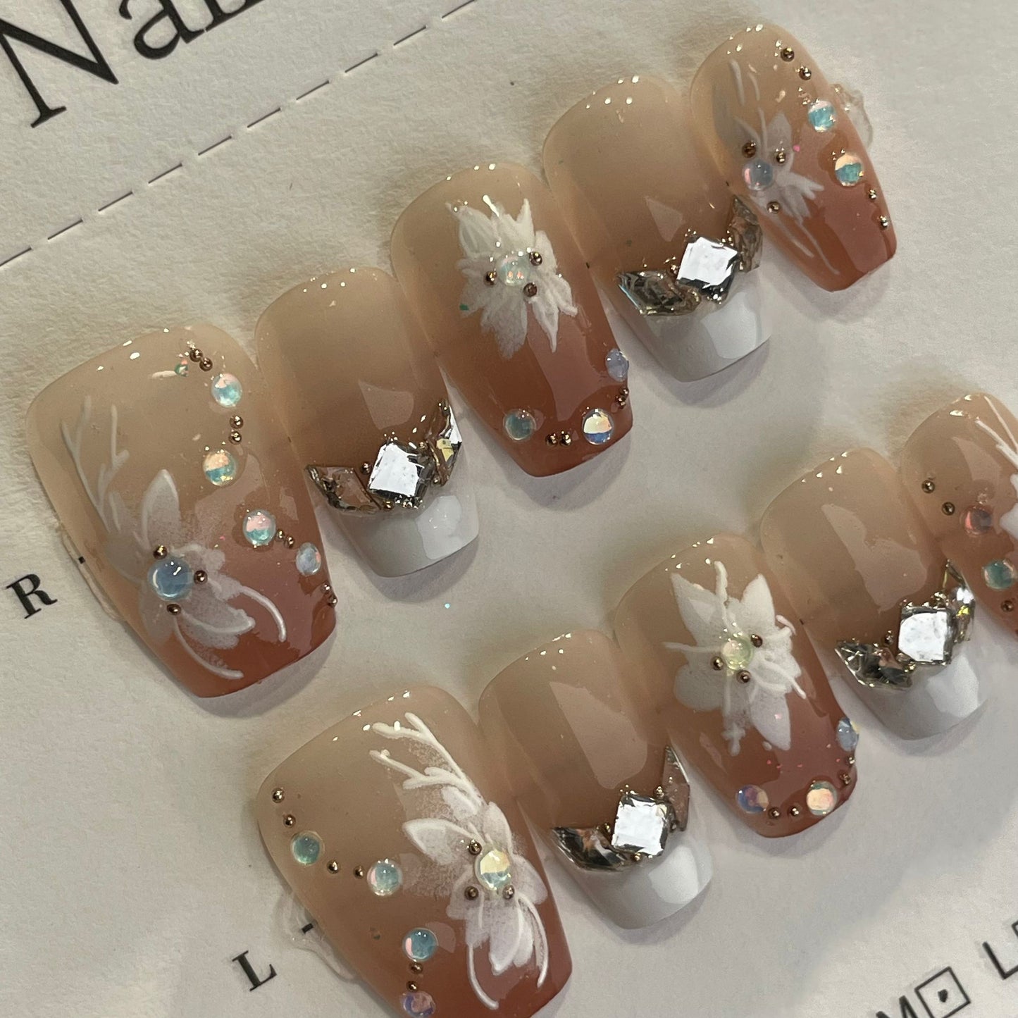 Handmade Press On Nails Medium Coffin Butterfly flower