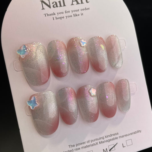 Handmade Press On Nails Short Oval Silvery pink