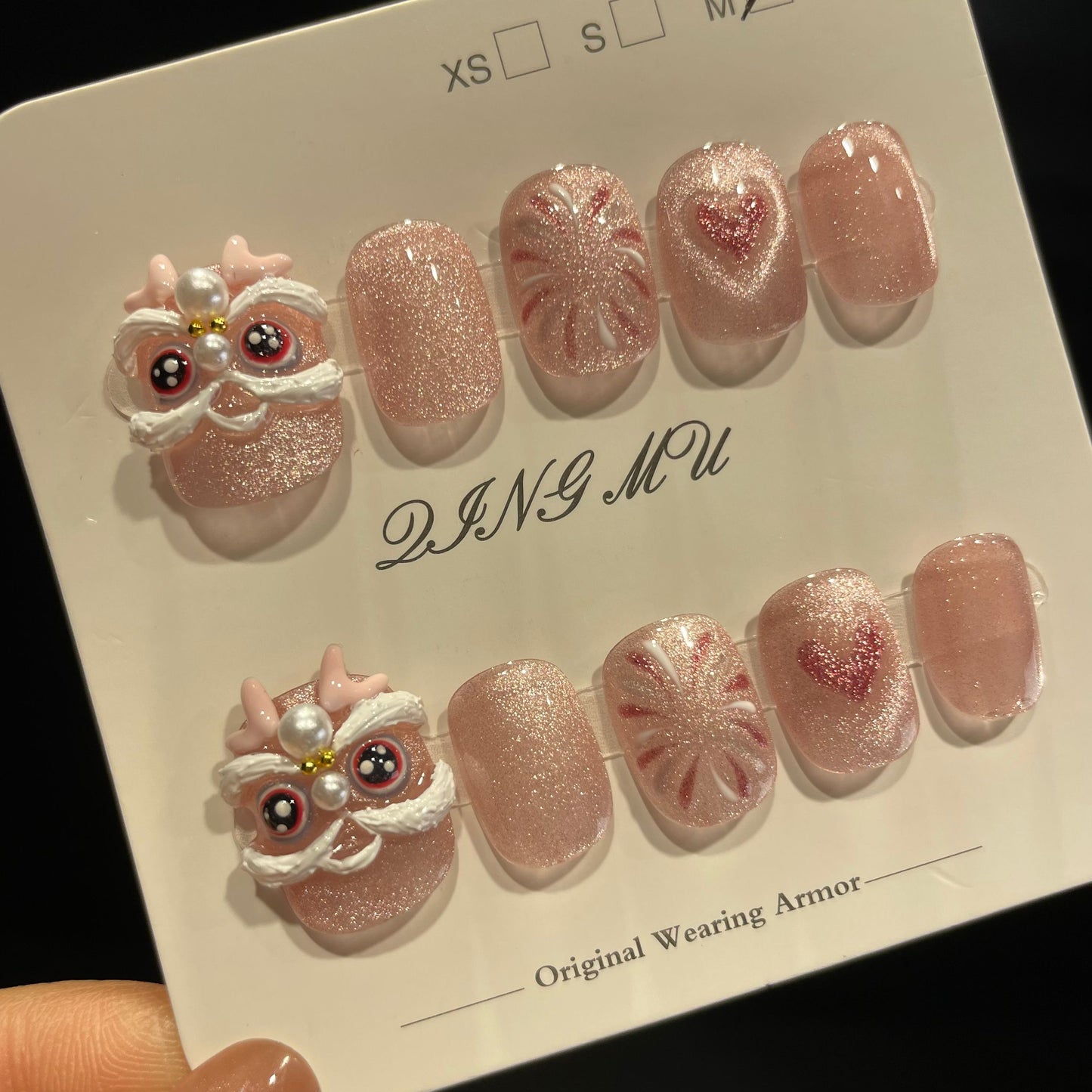 Handmade Press On Nails Short Square Pink Awake lion-QingM