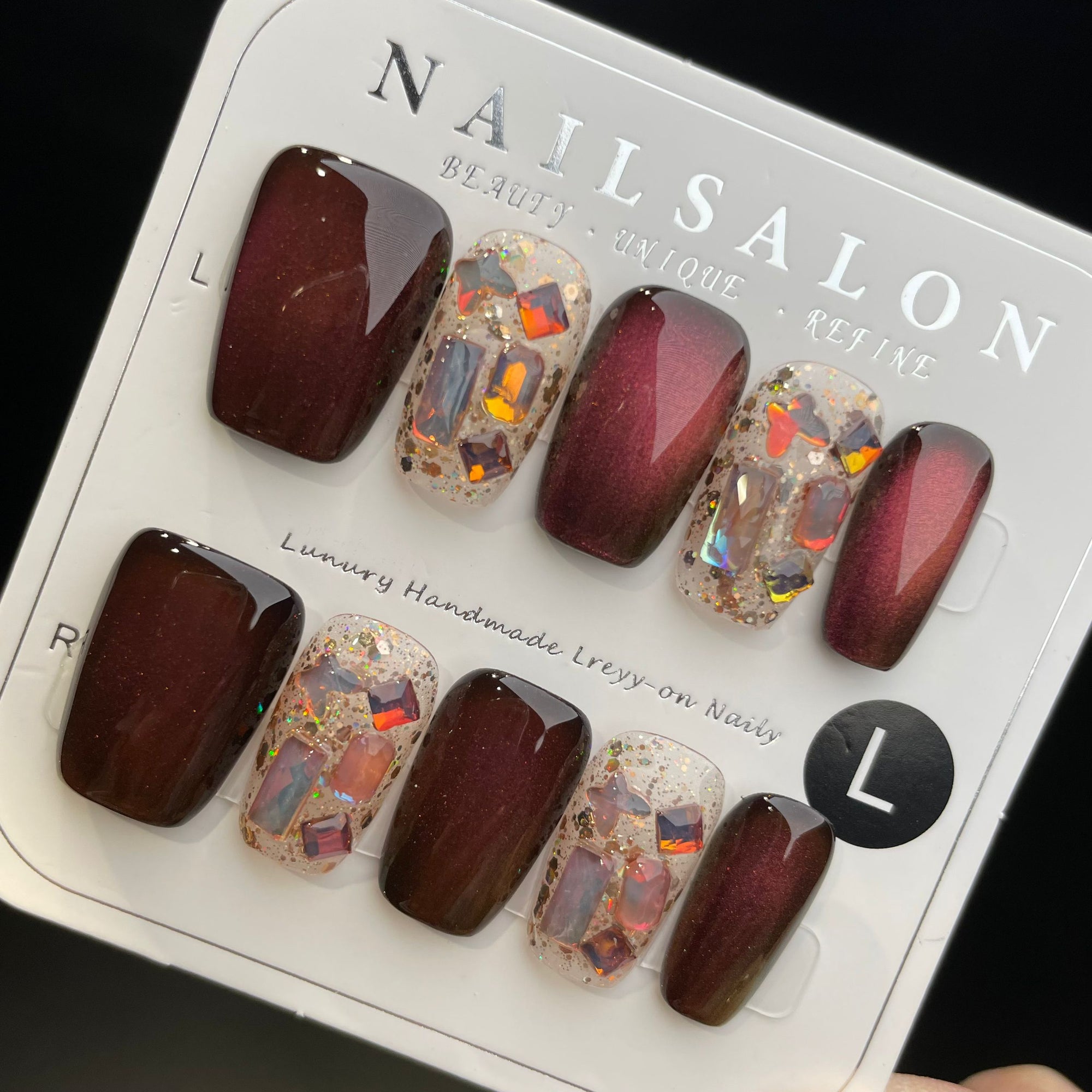 Handmade Press On Nails Medium Coffin Red cat eye sequins-YiH