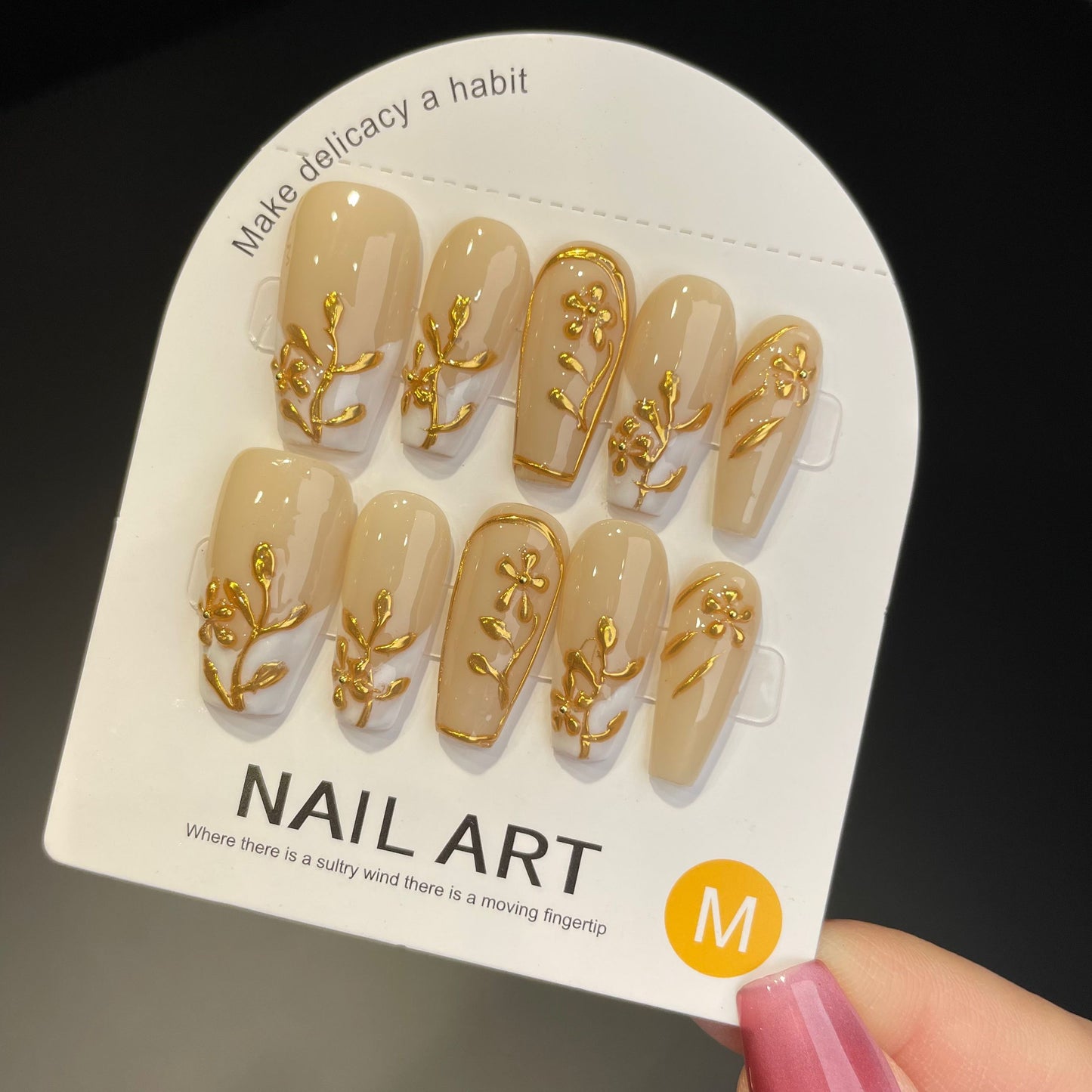 Handmade Press On Nails Long Coffin Autumn gold leaf French