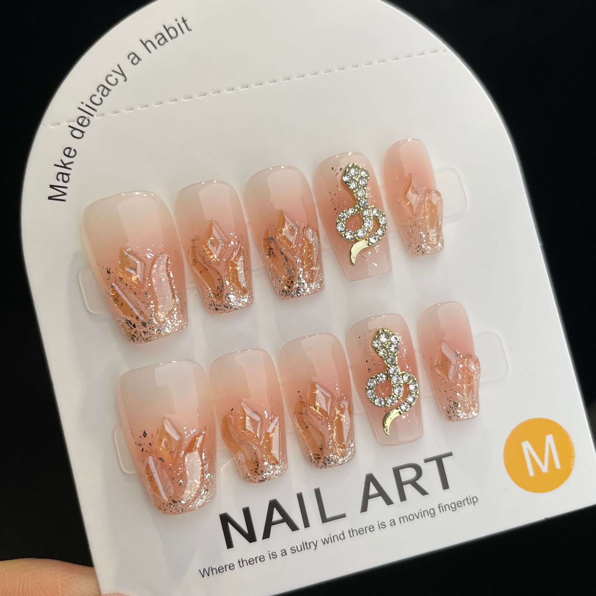 Handmade Press On Nails Medium Coffin Snake drill flame flash-YiH