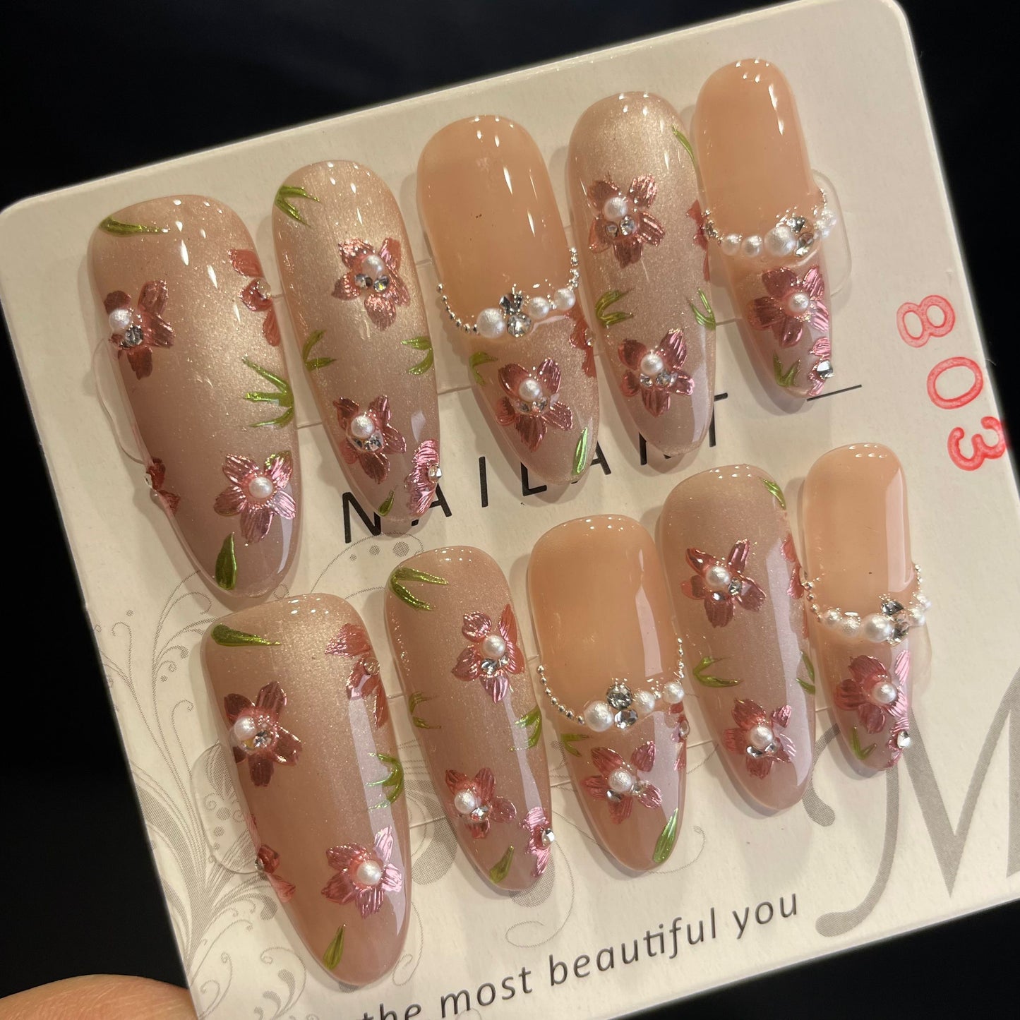 Handmade Press On Nails Long Oval Blossoms-DaiRS