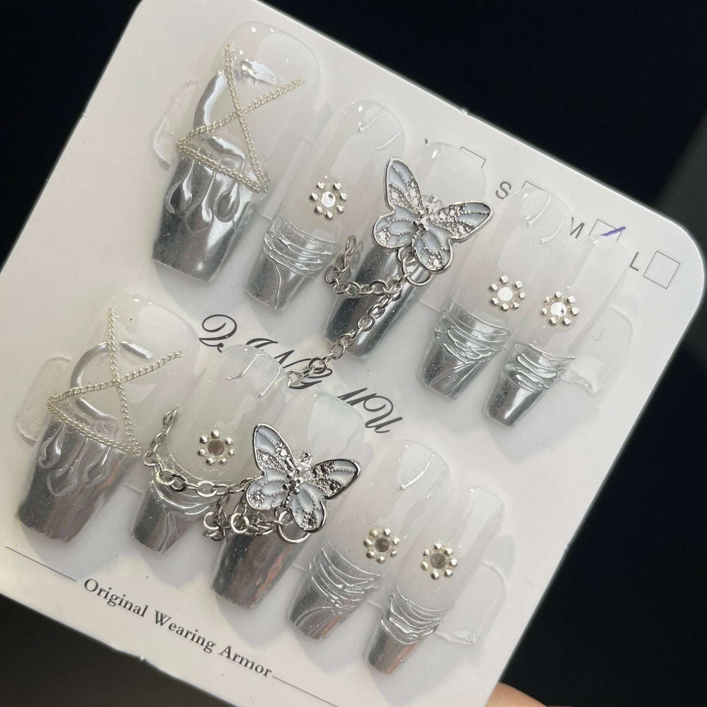 Handmade Press On Nails Long Coffin Silver French butterfly-QingM