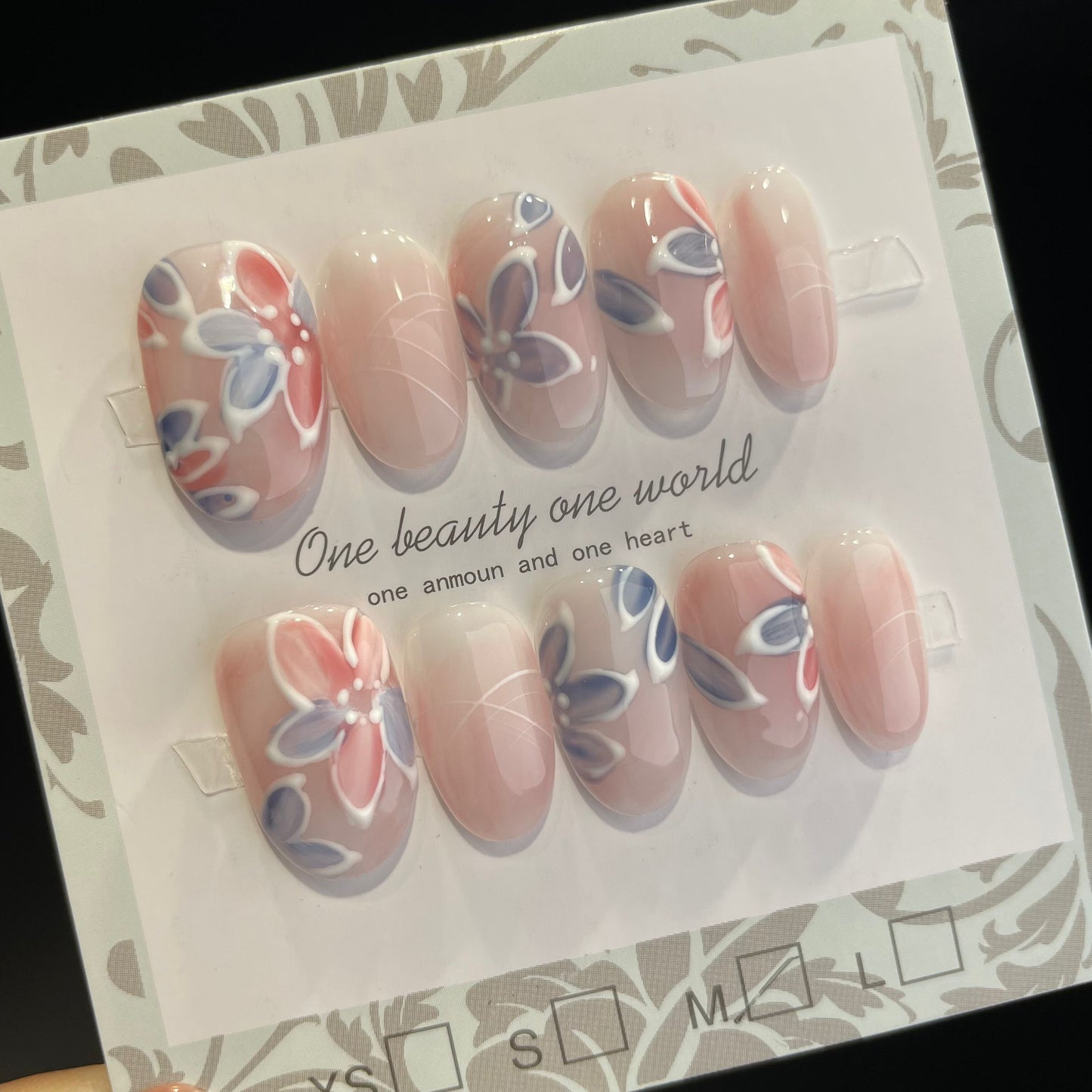 Handmade Press On Nails Short Oval Blue flower foundation