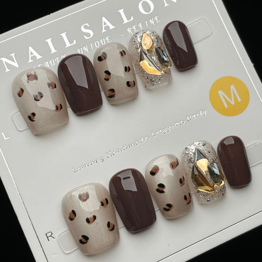 Handmade Press On Nails Short Square Miss Leopard Print