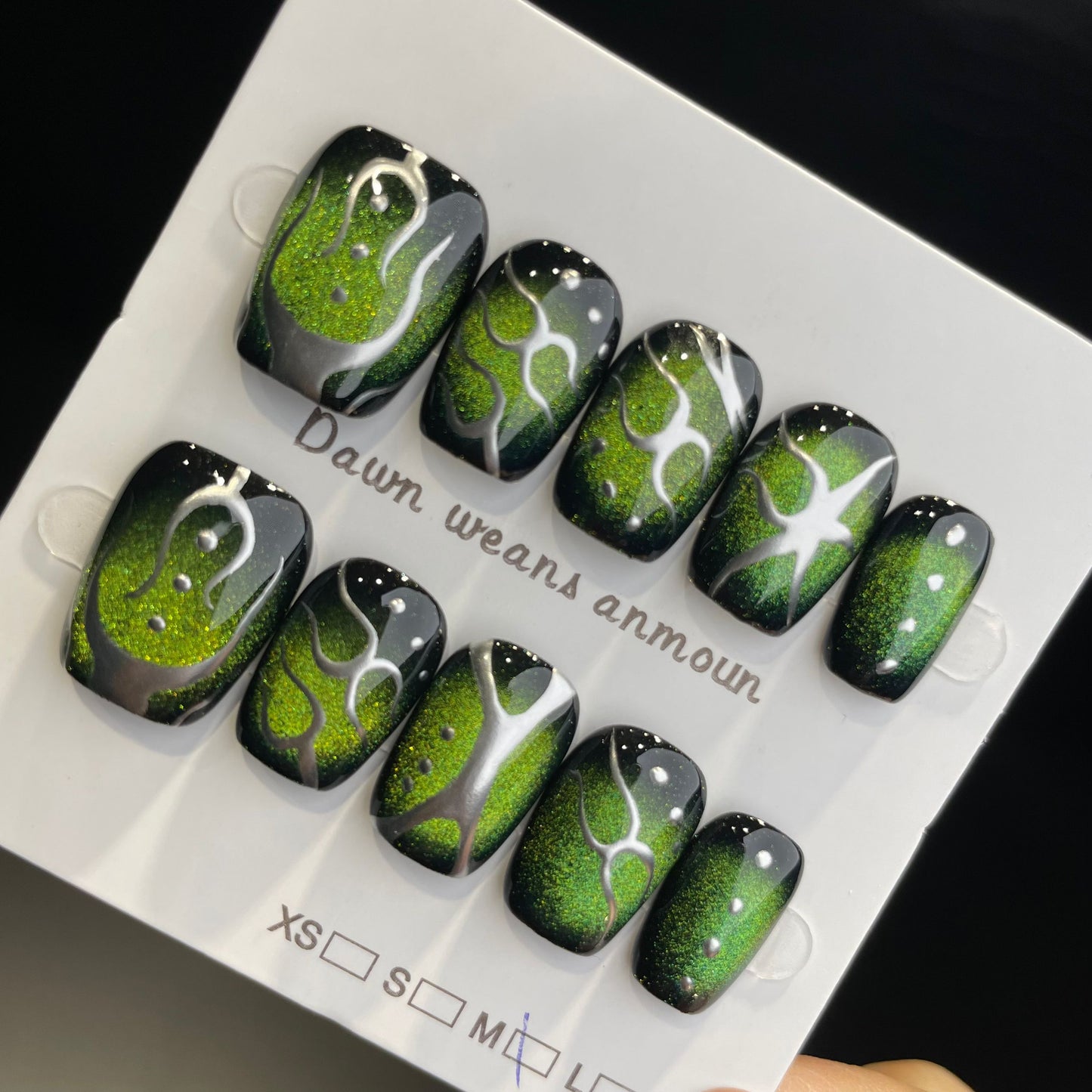 Handmade Press On Nails Short Coffin Green cat's eye silver thread-XiXX