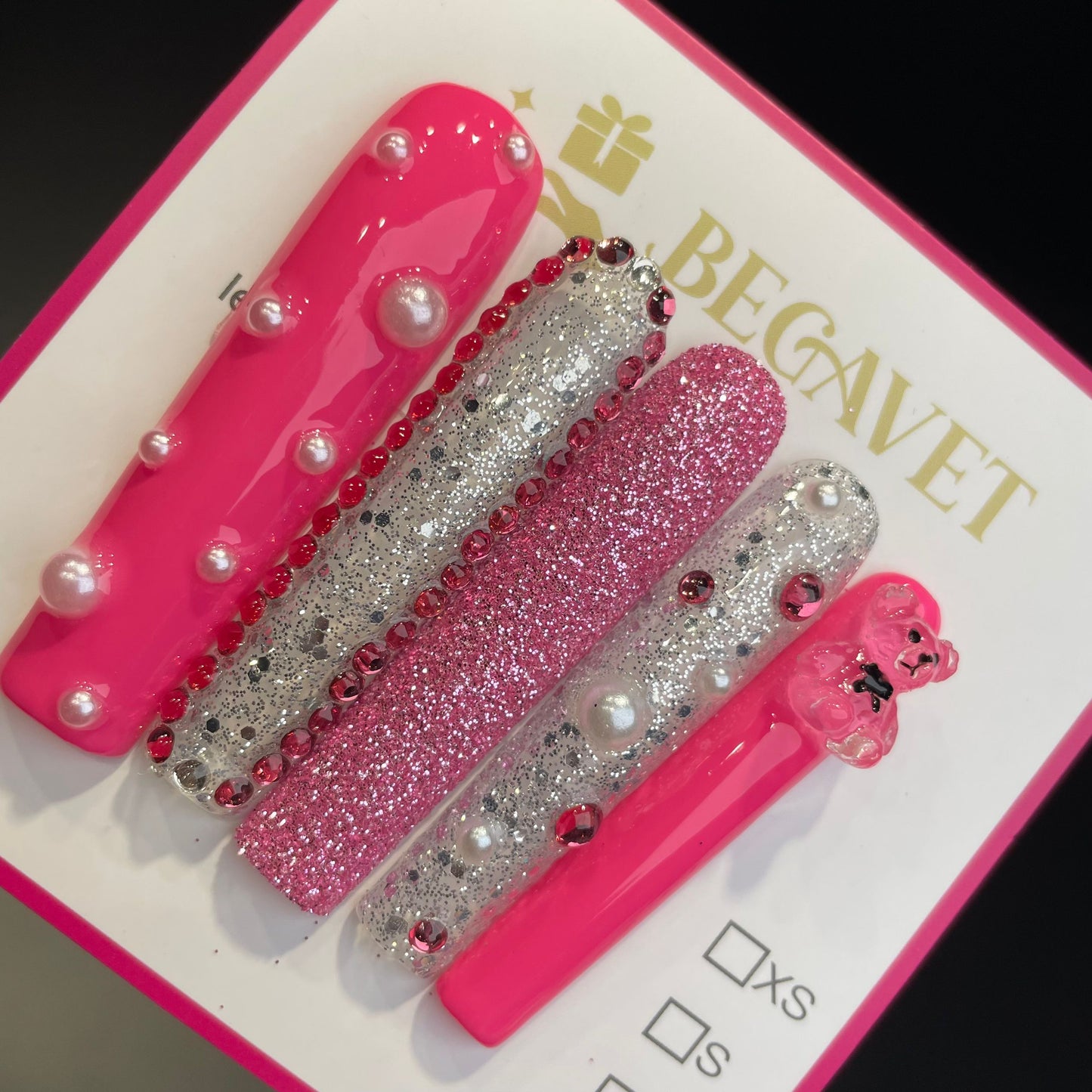 Handmade Press On Nails Extra-Long Coffin Elegant little Bear