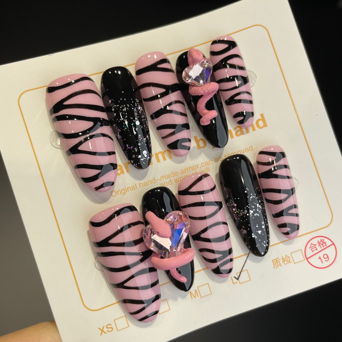 Handmade Press On Nails Long Almond Zebra snake