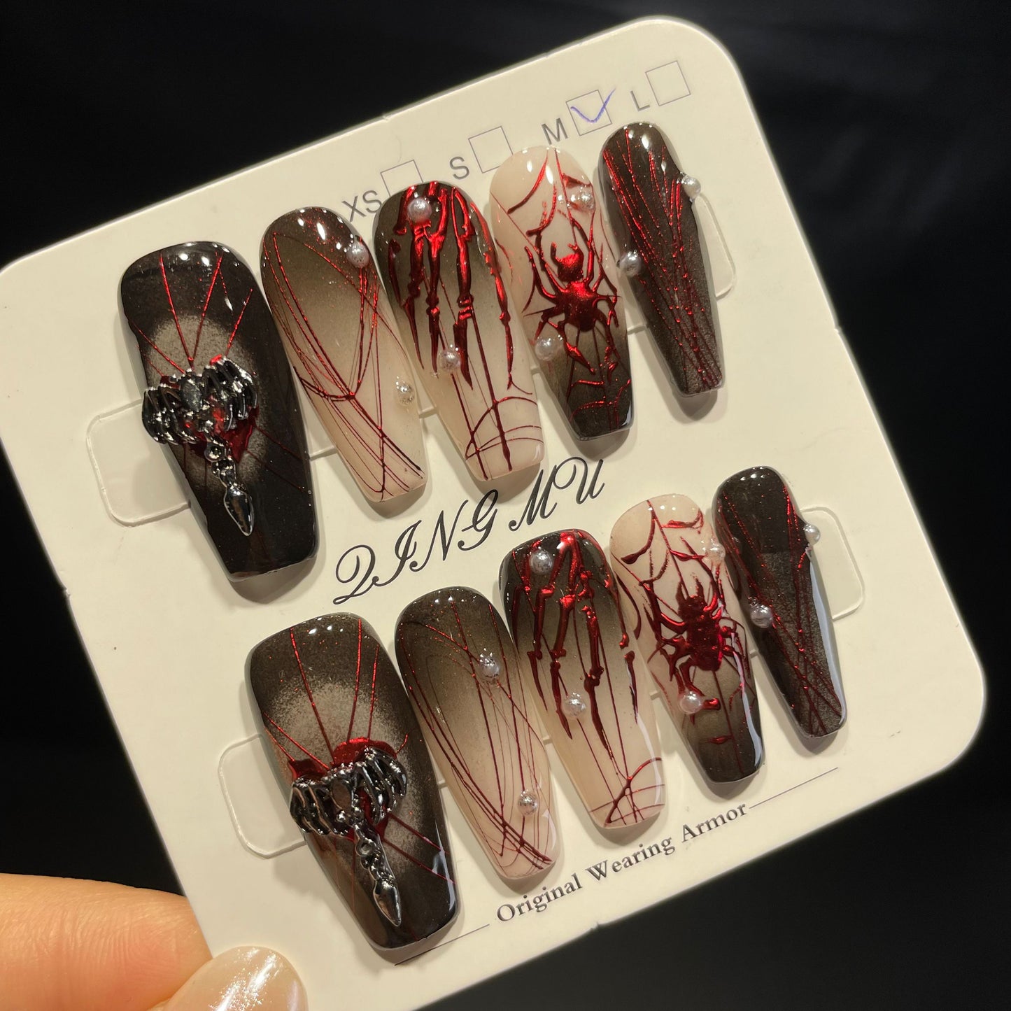 Handmade Press On Nails Long Coffin Red black spider